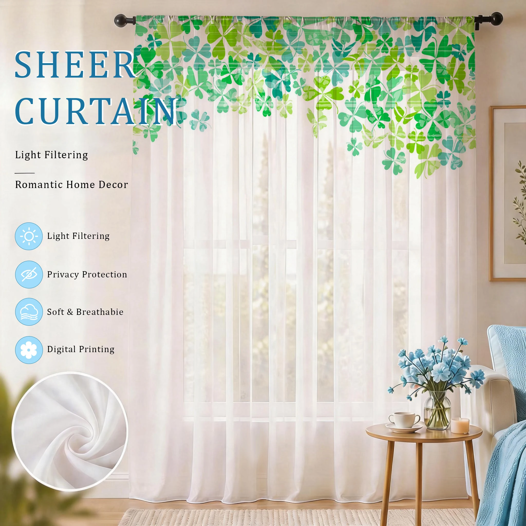 Home Office With Plants - ستارة شفافة حديثة بتدرج لوني أزرق