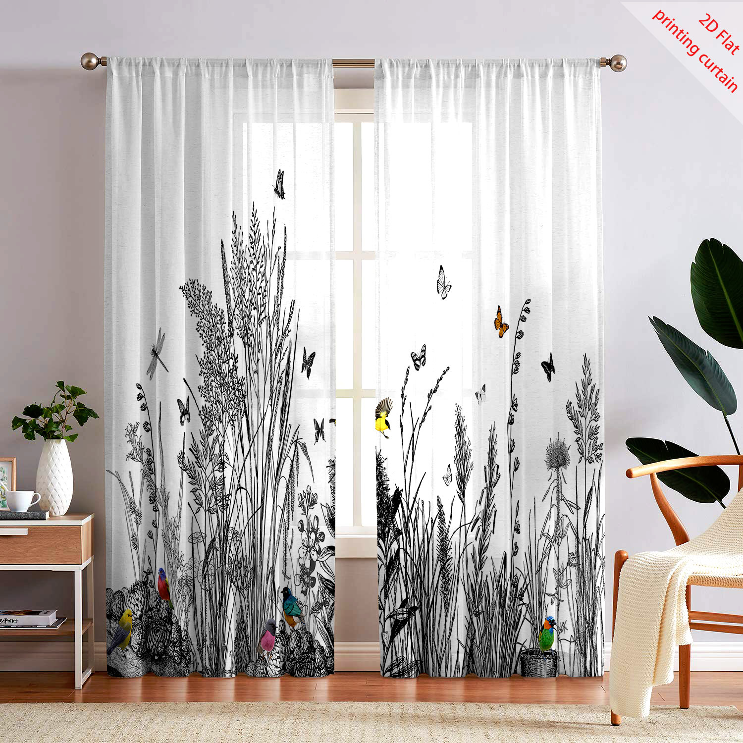 Home Office With Plants - ستارة شفافة مطبوعة بنقوش نباتية لتزيين